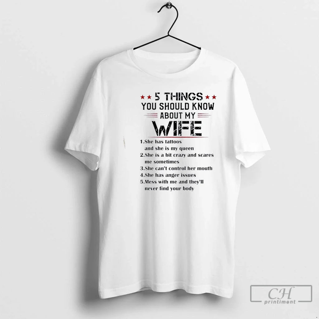 5 Things You Should Know About My Wife Text - Adult & Kids T-Shirts, Sweatshirts & Hoodies apparel design preview 1