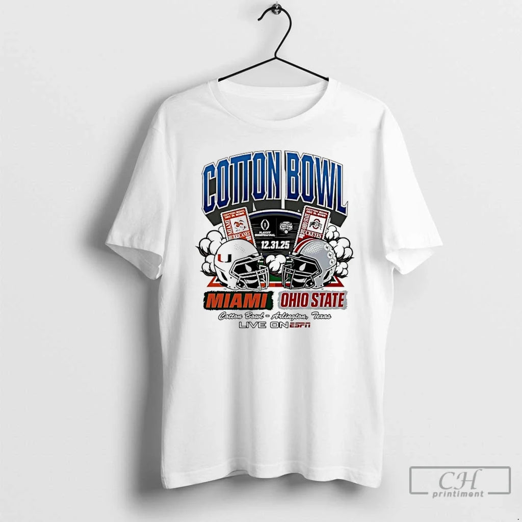 Miami Vs Ohio State 2025 Cotton Bowl Matchup Helmet - Adult & Kids T-Shirts, Sweatshirts & Hoodies apparel design preview 1