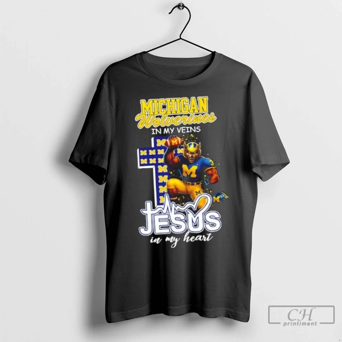 Premium Michigan Wolverines In My Veins Jesus Heart - Adult & Kids T-Shirts, Sweatshirts & Hoodies apparel design preview 1