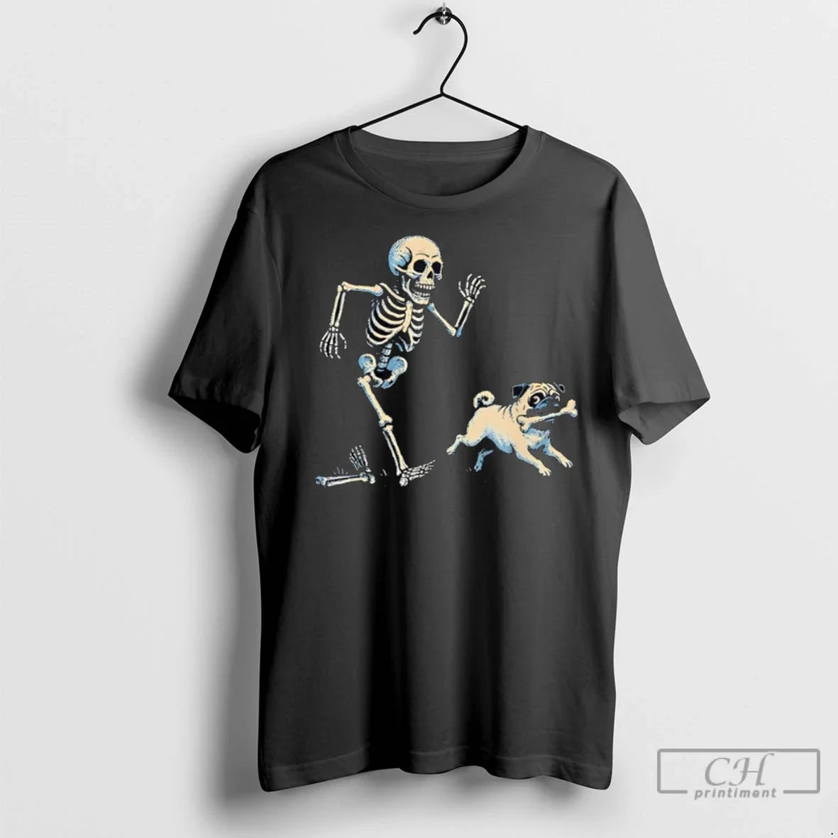 Premium Skeleton Chasing Pug Halloween Dog Mom - Adult & Kids T-Shirts, Sweatshirts & Hoodies apparel design preview 1