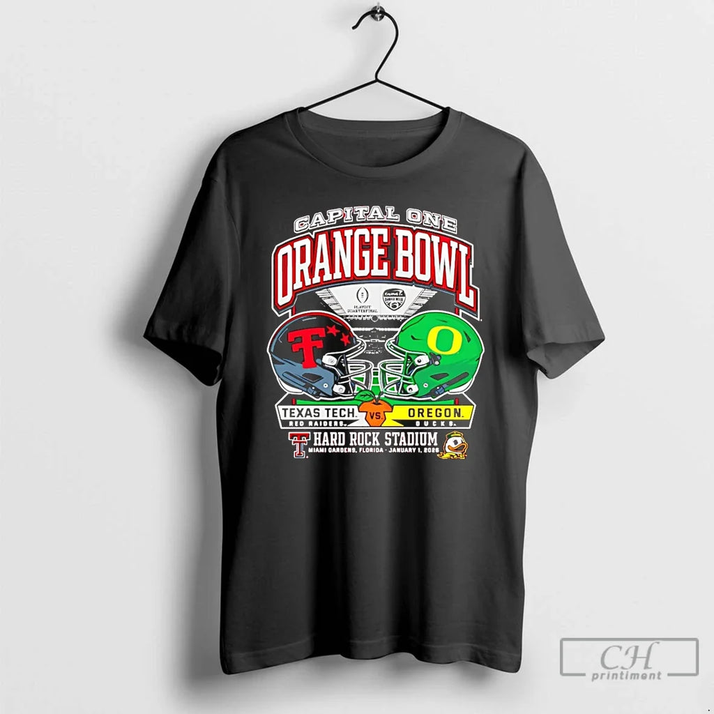 Texas Tech Vs Oregon 2025 Orange Bowl Dueling Helmets - Adult & Kids T-Shirts, Sweatshirts & Hoodies apparel design preview 1