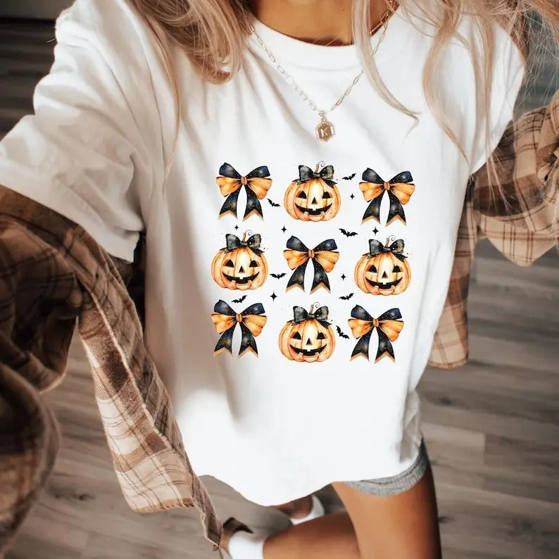 Pumpkin Halloween Coquette Bows Spooky Season Retro - Adult & Kids T-Shirts, Sweatshirts & Hoodies apparel design preview 1