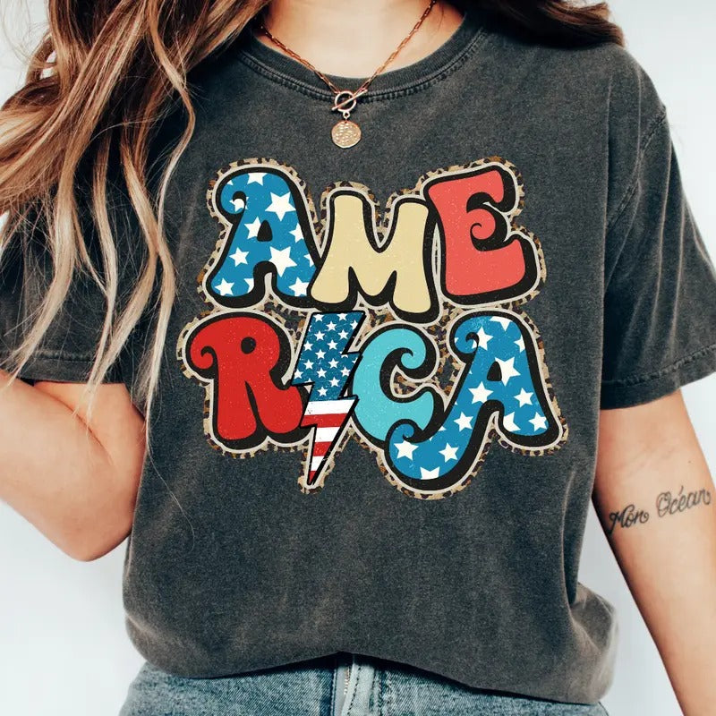 RETRO AMERICA CHEETAH PRINT 4TH JULY COTTON SUMMER - Adult & Kids T-Shirts, Sweatshirts & Hoodies apparel design preview 1