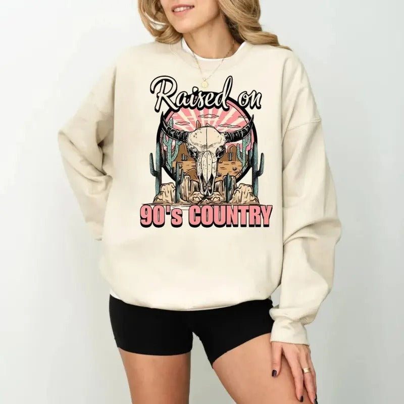 Raised 90'S Country Western Bull Skull - Adult & Kids T-Shirts, Sweatshirts & Hoodies apparel design preview 1