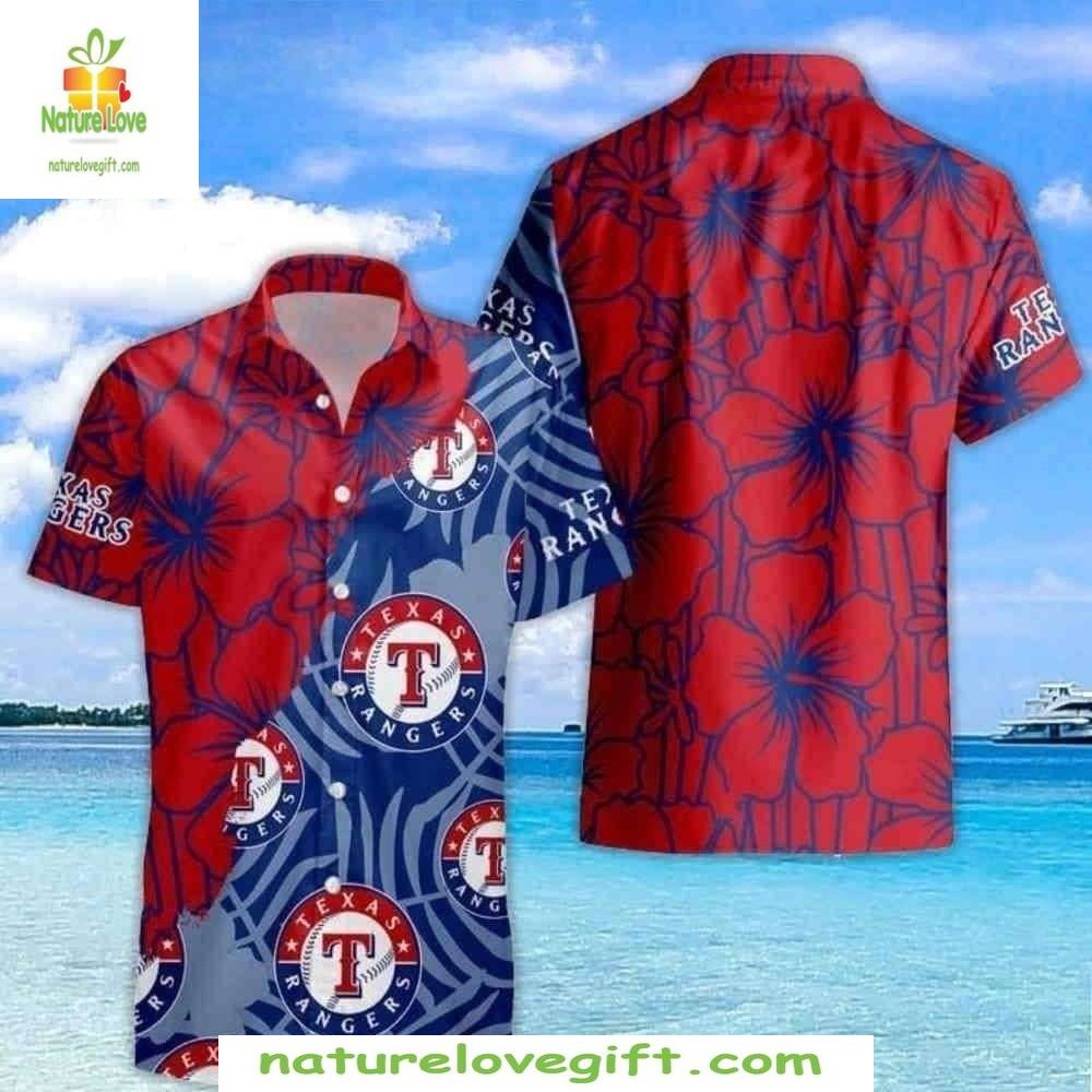 Texas Rangers Hawaiian Red Blue Emblem Tropical - Adult & Kids T-Shirts, Sweatshirts & Hoodies apparel design preview 1