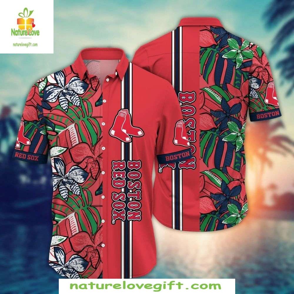 Boston Red Sox Hawaiian Tropical Flowers Stripe - Adult & Kids T-Shirts, Sweatshirts & Hoodies apparel design preview 1