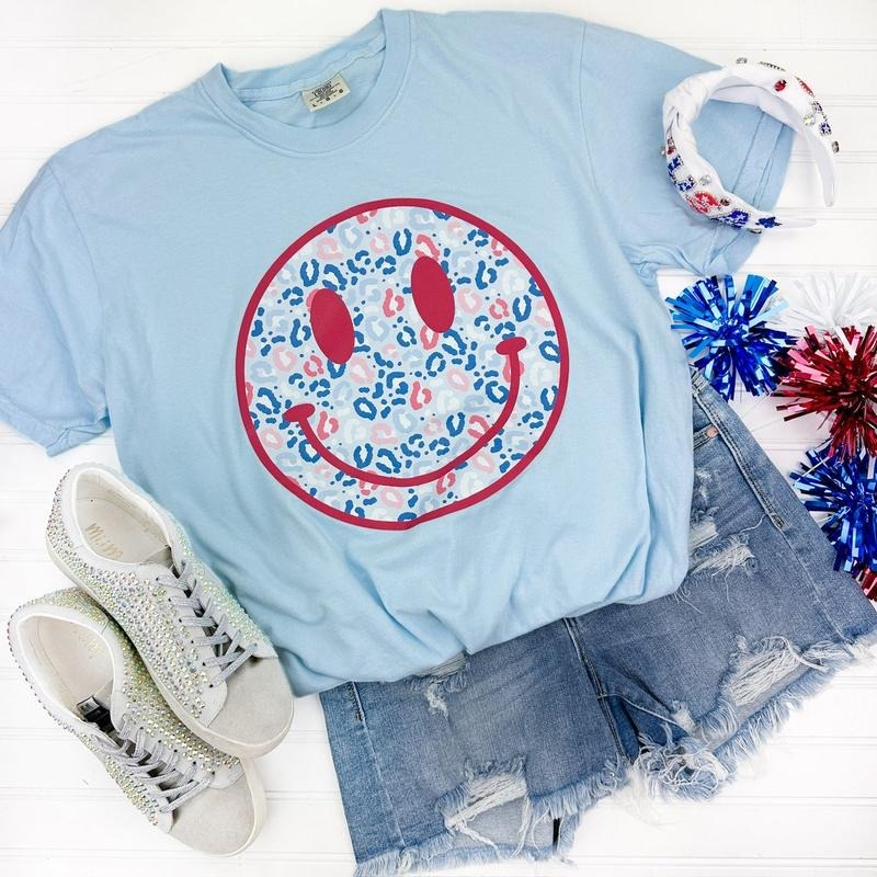 Red Patriotic Cheetah Happy Face Comfort Colors 'NLB' - Adult & Kids T-Shirts, Sweatshirts & Hoodies apparel design preview 1