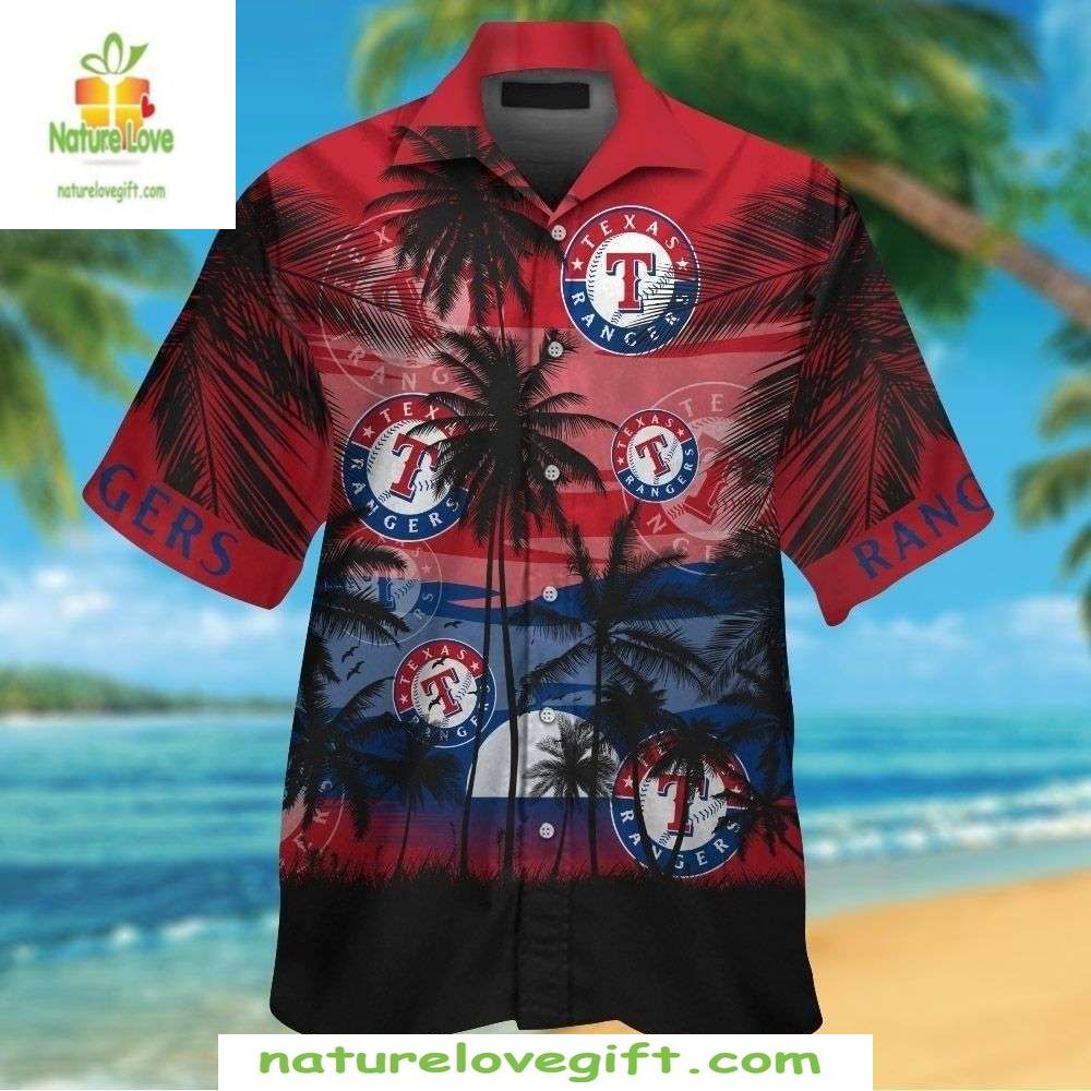 Texas Rangers Hawaiian Red Sunset Hues Palm Trees - Adult & Kids T-Shirts, Sweatshirts & Hoodies apparel design preview 1