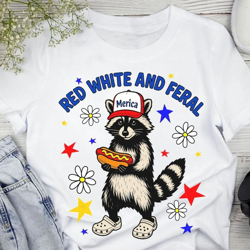 Red White Feral 4th July Funny Raccoon Hot Dog USA - Adult & Kids T-Shirts, Sweatshirts & Hoodies apparel design preview 1