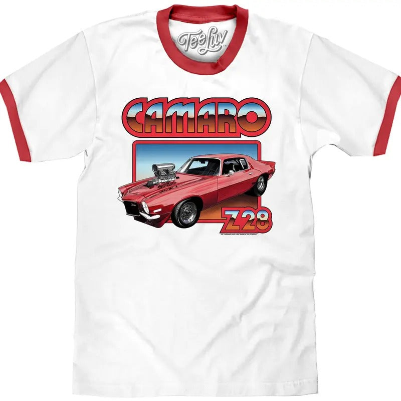 70s Chevrolet Camaro Z28 Ringer White Red - Adult & Kids T-Shirts, Sweatshirts & Hoodies apparel design preview 1