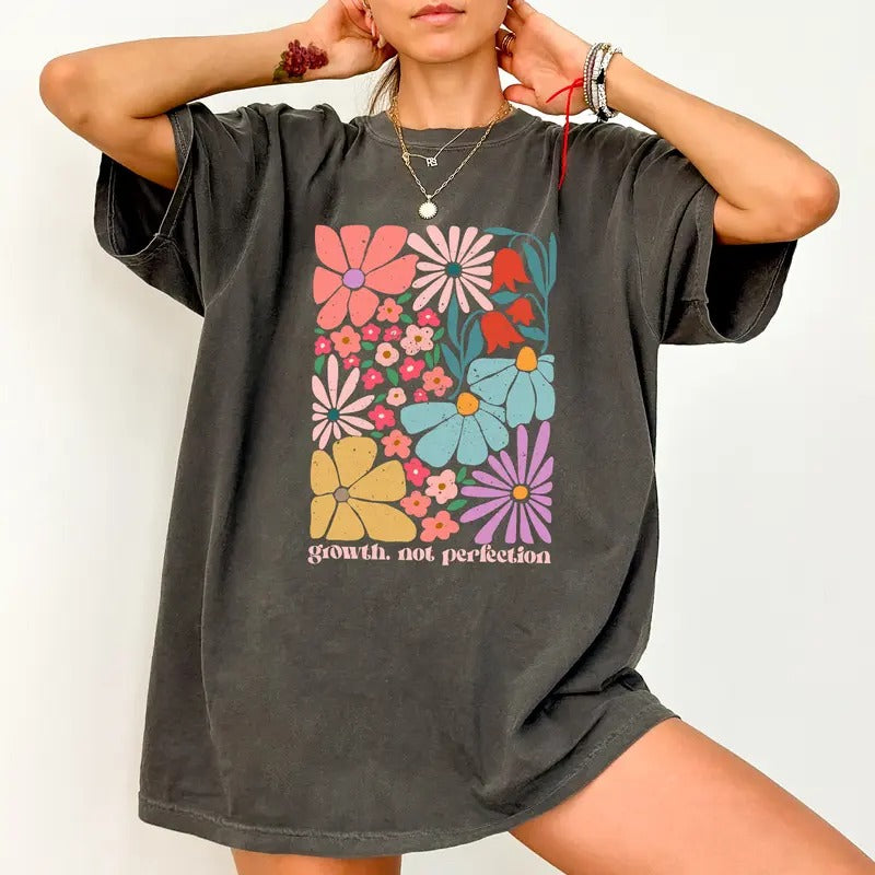 Retro Boho Flowers Christian Growth Not Perfection - Adult & Kids T-Shirts, Sweatshirts & Hoodies apparel design preview 1