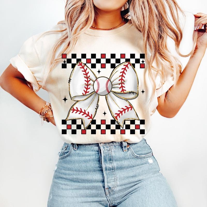 Retro Checkered Baseball Mom Game Day Coquette Bow - Adult & Kids T-Shirts, Sweatshirts & Hoodies apparel design preview 1