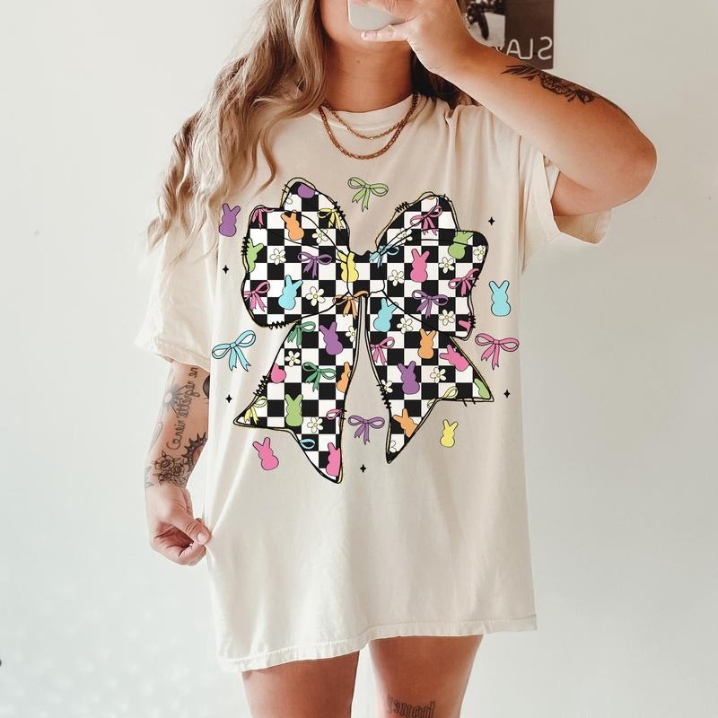 Retro Checkered Easter Coquette Bow Bunny Spring - Adult & Kids T-Shirts, Sweatshirts & Hoodies apparel design preview 1