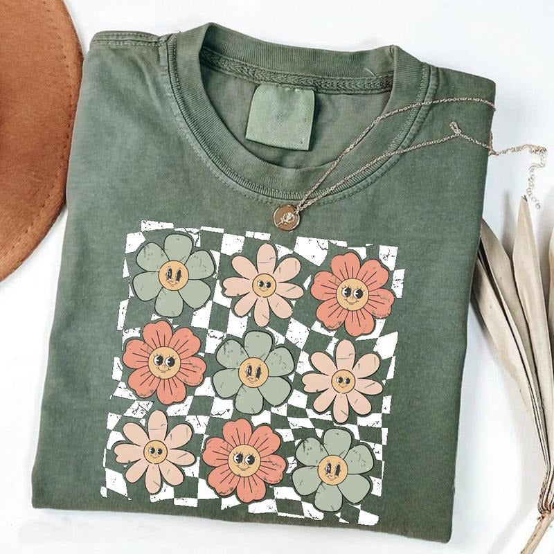 Retro Checkered Flower Flowers Summer Boho Hippie - Adult & Kids T-Shirts, Sweatshirts & Hoodies apparel design preview 1