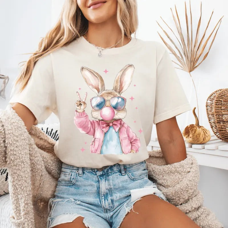 Retro Easter Bunny Blowing Bubble Gum Cute Short - Adult & Kids T-Shirts, Sweatshirts & Hoodies apparel design preview 1
