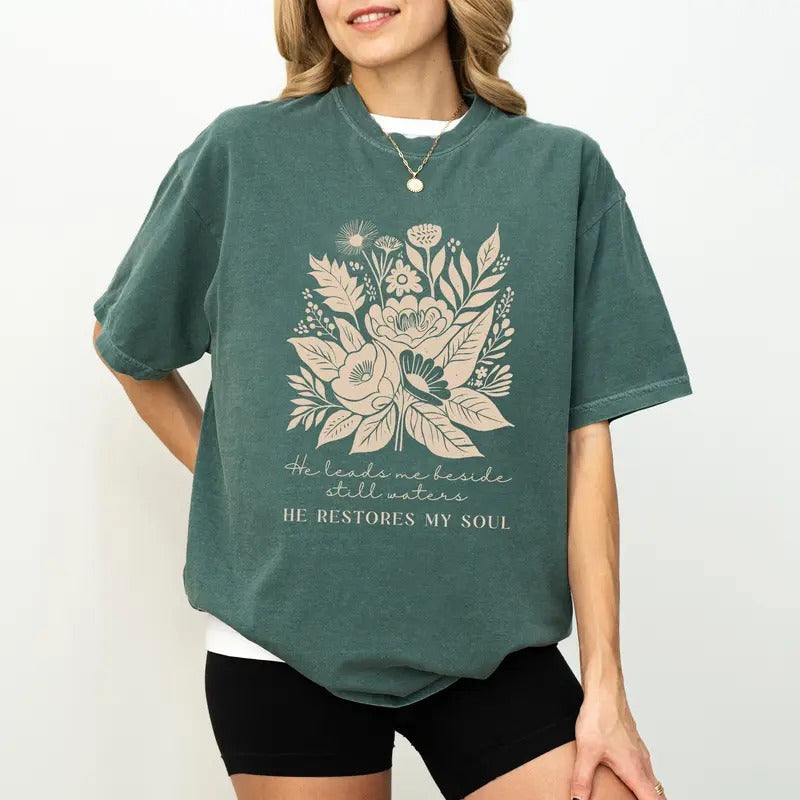 Retro Floral Bible Verse Comfort Colors He Leads Me - Adult & Kids T-Shirts, Sweatshirts & Hoodies apparel design preview 1