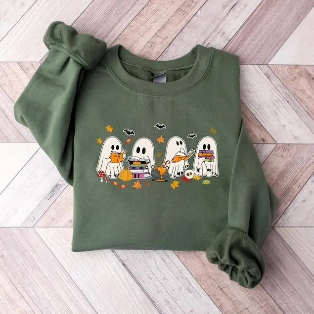 Retro Ghost Reading Books Librarian Halloween Teacher - Adult & Kids T-Shirts, Sweatshirts & Hoodies apparel design preview 1