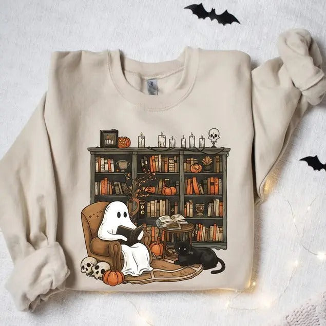 Retro Ghost Reading Books Librarian Halloween Teacher - Adult & Kids T-Shirts, Sweatshirts & Hoodies apparel design preview 1