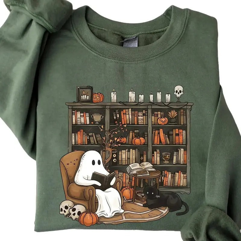 Retro Ghost Reading Books Librarian Halloween Teacher - Adult & Kids T-Shirts, Sweatshirts & Hoodies apparel design preview 1