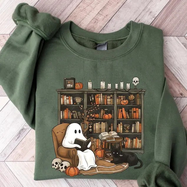 Retro Ghost Reading Books Librarian Halloween Teacher - Adult & Kids T-Shirts, Sweatshirts & Hoodies apparel design preview 1