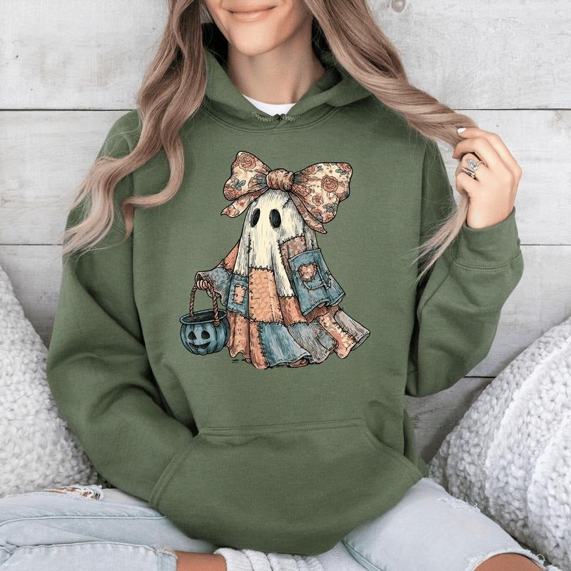 Retro Halloween Faux Denim Ghost Patchwork Spooky - Adult & Kids T-Shirts, Sweatshirts & Hoodies apparel design preview 1