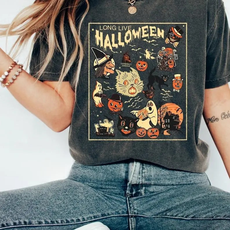 Retro Halloween Long Live Spooky Season Pumpkin Black - Adult & Kids T-Shirts, Sweatshirts & Hoodies apparel design preview 1