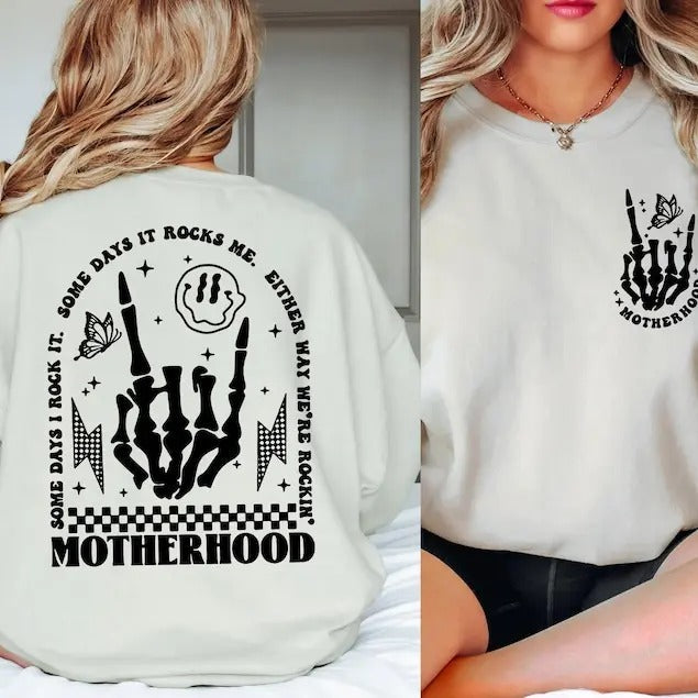 Retro Motherhood Skeleton Hand Rock Mom Life Funny - Adult & Kids T-Shirts, Sweatshirts & Hoodies apparel design preview 1