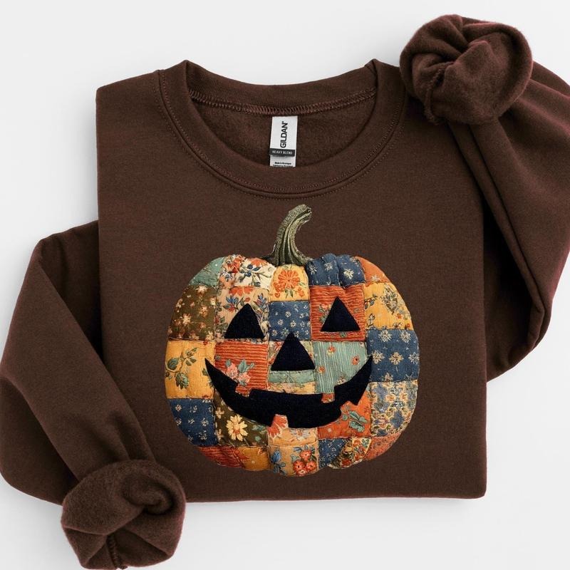 Retro Patchwork Halloween Pumpkin Spooky Season Cute - Adult & Kids T-Shirts, Sweatshirts & Hoodies apparel design preview 1