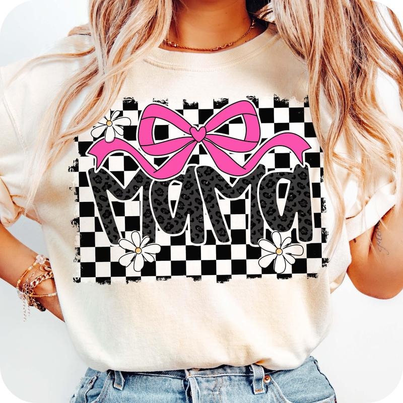 Retro Pink Mama Coquette Bow Checkered Varsity - Adult & Kids T-Shirts, Sweatshirts & Hoodies apparel design preview 1