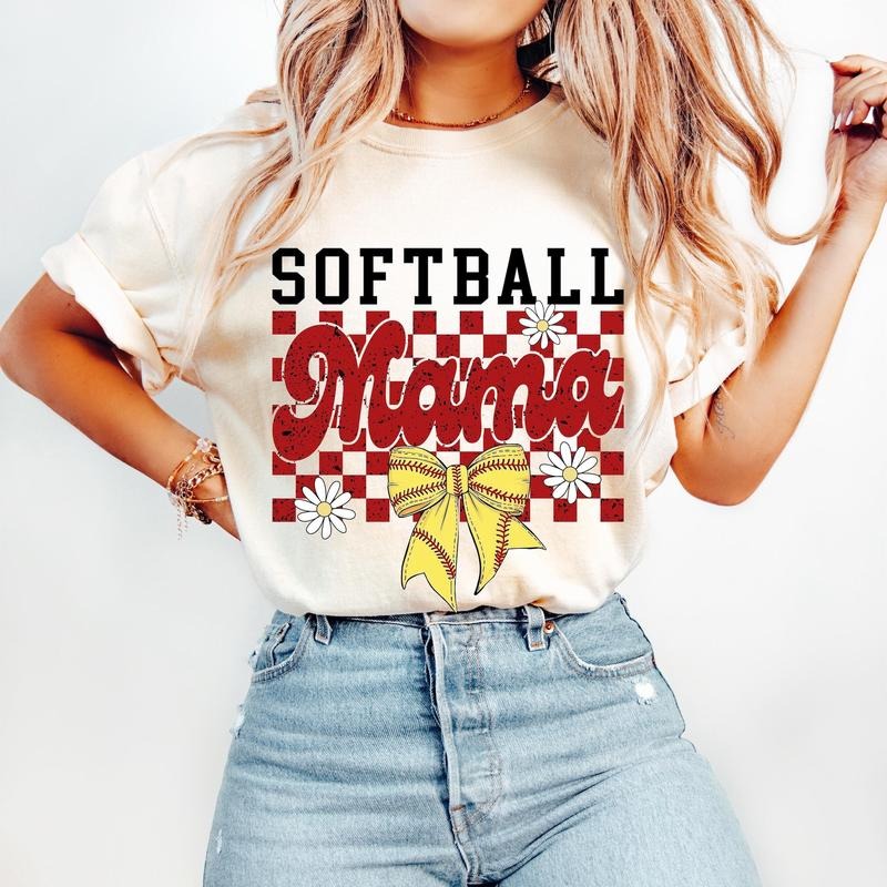 Retro Softball Mama Checkered Mom Game Day Bow - Adult & Kids T-Shirts, Sweatshirts & Hoodies apparel design preview 1