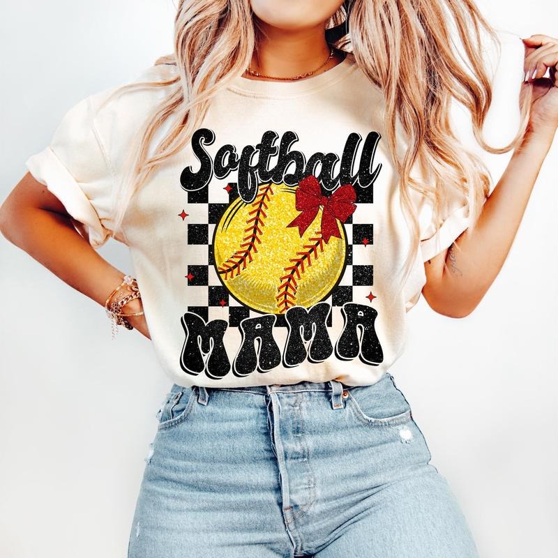 Retro Softball Mama Coquette Game Day Mom Checkered - Adult & Kids T-Shirts, Sweatshirts & Hoodies apparel design preview 1