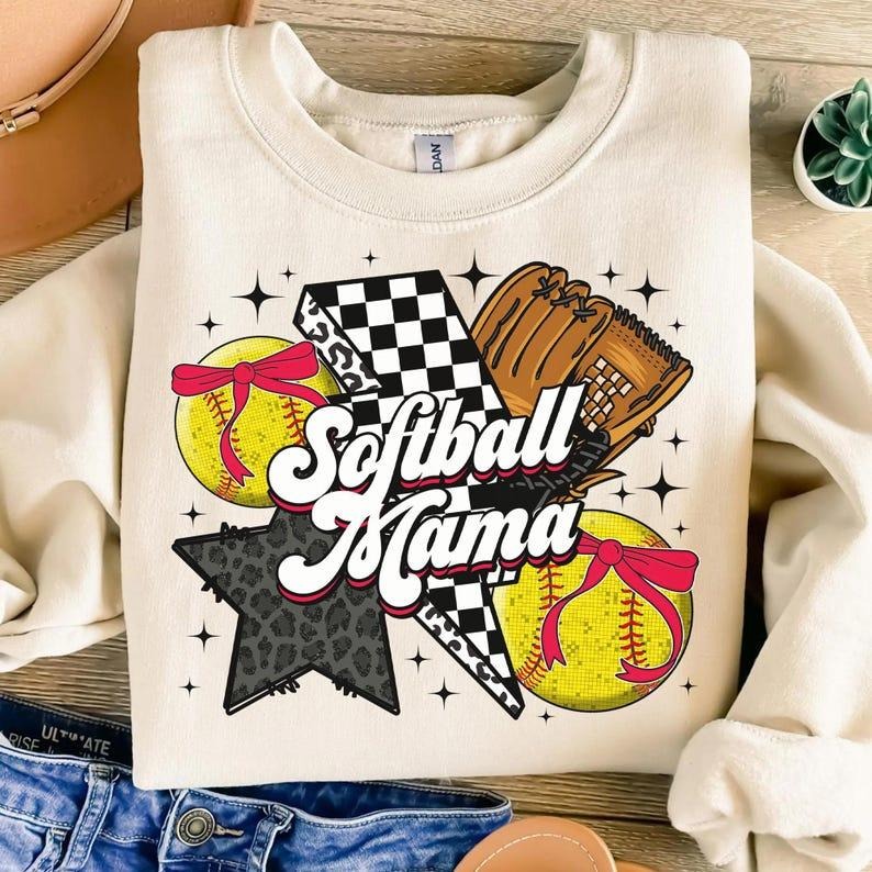 Retro Softball Mama Coquette Game Day Bow Checker Mom - Adult & Kids T-Shirts, Sweatshirts & Hoodies apparel design preview 1