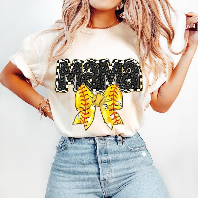 Retro Softball Mama Coquette Game Day Checker Bow Mom - Adult & Kids T-Shirts, Sweatshirts & Hoodies apparel design preview 1