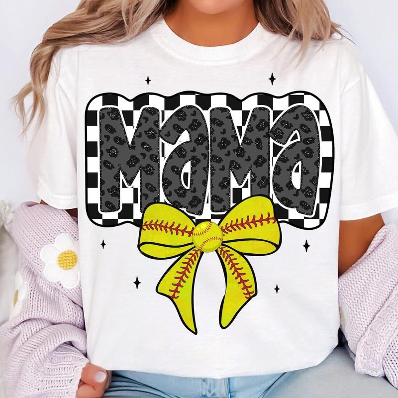 Retro Softball Mama Coquette Game Day Bow Checker - Adult & Kids T-Shirts, Sweatshirts & Hoodies apparel design preview 1