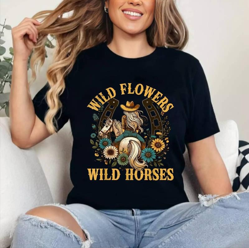 Retro Southern Sunset Cowgirl Wild Flowers Horses - Adult & Kids T-Shirts, Sweatshirts & Hoodies apparel design preview 1