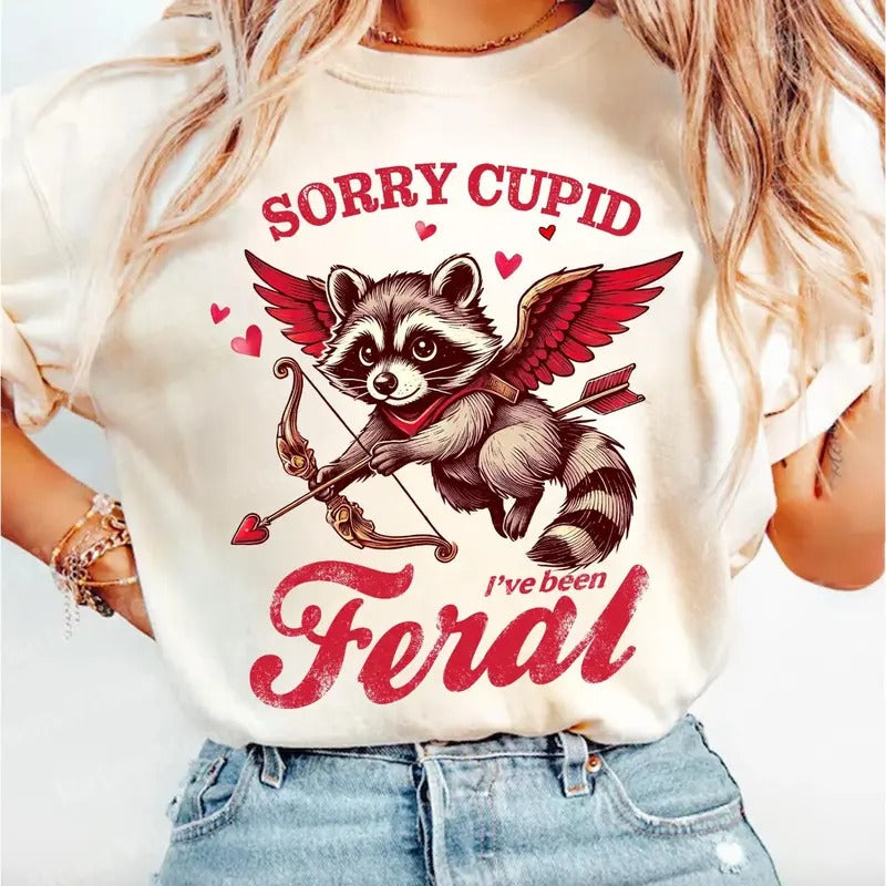 Retro Valentine Sorry Cupid I'Ve Been Feral Racoon - Adult & Kids T-Shirts, Sweatshirts & Hoodies apparel design preview 1