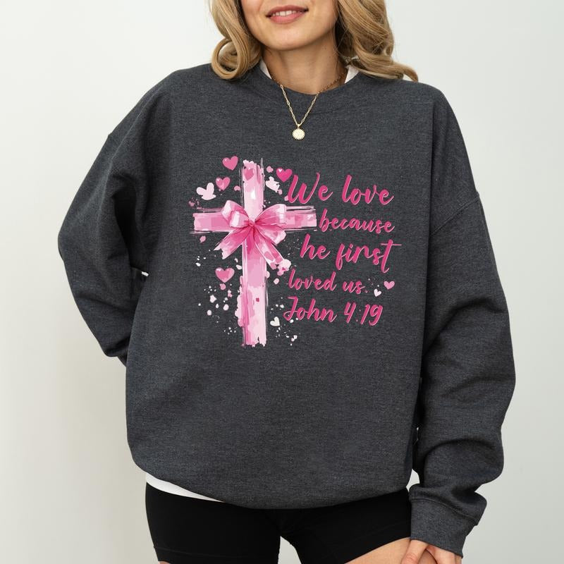 Retro We Love Because He Loved Us First Bible Verse - Adult & Kids T-Shirts, Sweatshirts & Hoodies apparel design preview 1