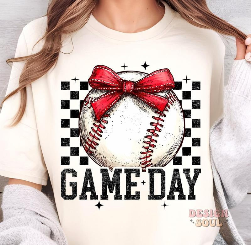 Retro Game Day Baseball Mama Coquette Checkered Bow - Adult & Kids T-Shirts, Sweatshirts & Hoodies apparel design preview 1