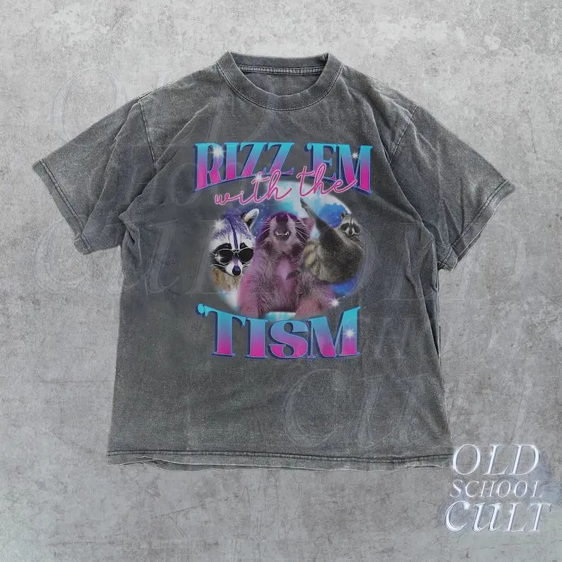 Rizz Em Tism Retro Vintage Funny Raccoon Autism - Adult & Kids T-Shirts, Sweatshirts & Hoodies apparel design preview 1