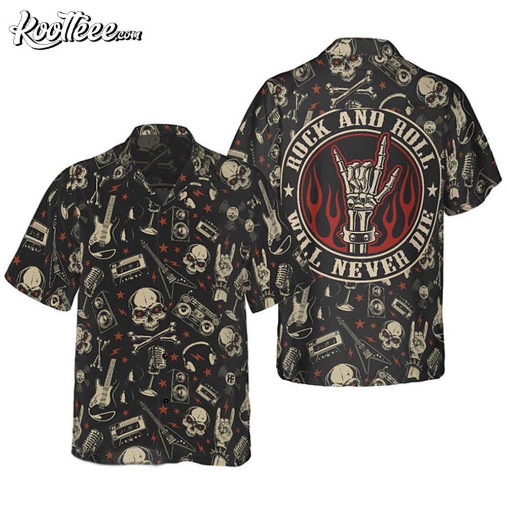 Rock N Roll Will Never Die Electric Guitar Skull - Adult & Kids T-Shirts, Sweatshirts & Hoodies apparel design preview 1