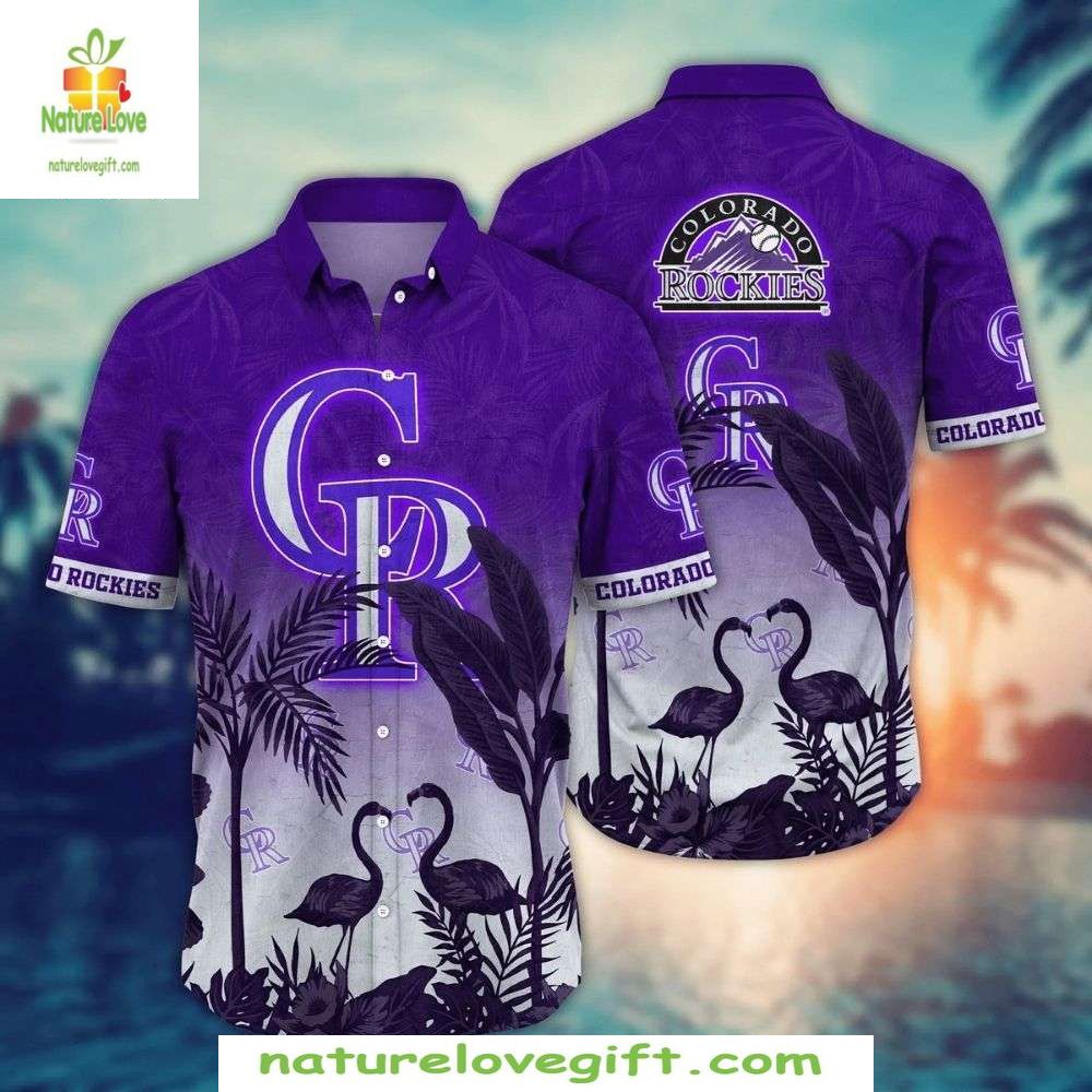 Colorado Rockies Hawaiian Purple Crane Retreat MLB - Adult & Kids T-Shirts, Sweatshirts & Hoodies apparel design preview 1