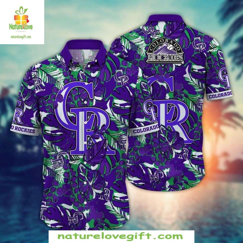 MLB Rockies Hawaiian Lavender Tropics Button-Up Aloha - Adult & Kids T-Shirts, Sweatshirts & Hoodies apparel design preview 1