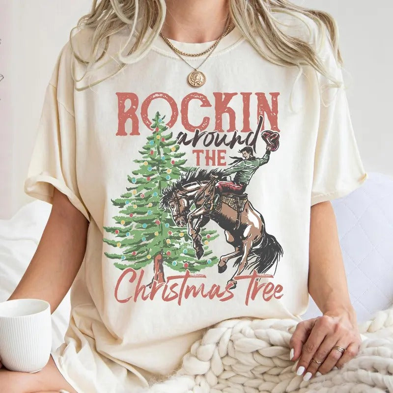 Rockin Around Tree Countryside Western Cowboy Retro - Adult & Kids T-Shirts, Sweatshirts & Hoodies apparel design preview 1