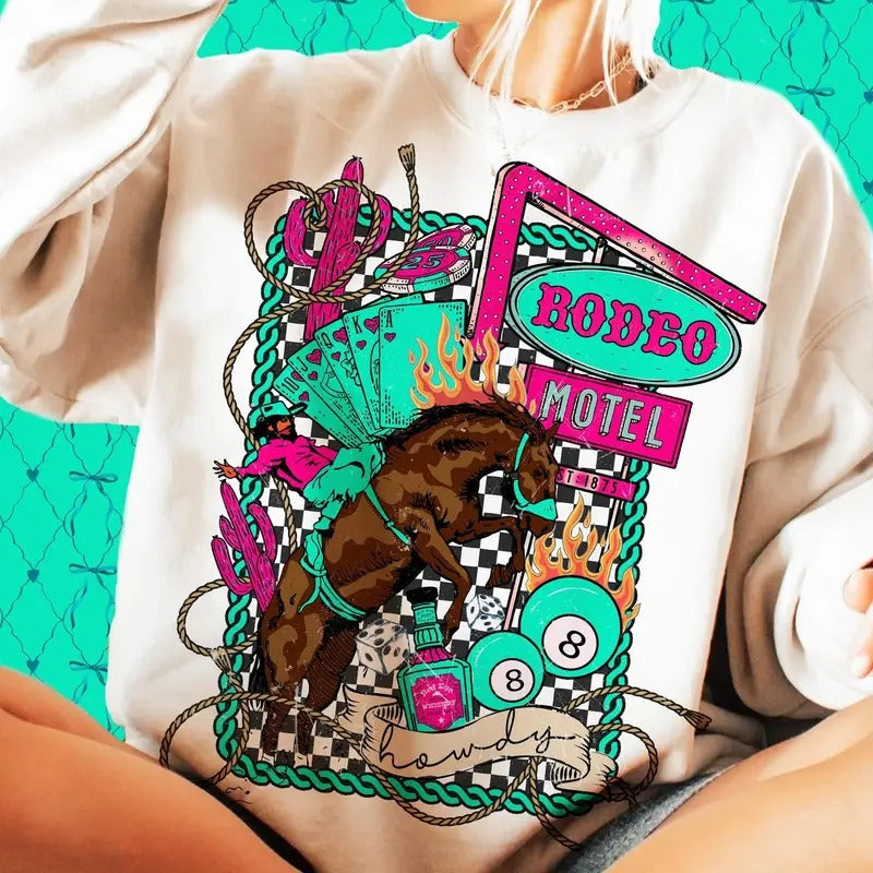 Rodeo Motel Western Cowboy Neon Wild West Checkered - Adult & Kids T-Shirts, Sweatshirts & Hoodies apparel design preview 1