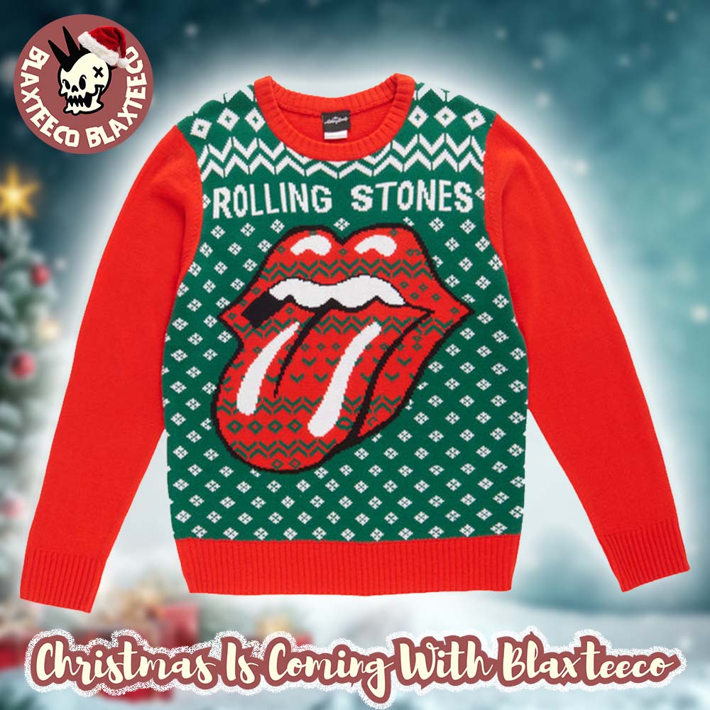 Rolling Stones Gile Style Big Tounge Logo With Green And Snowflakes Holiday Vibe Knitted Red Ugly Christmas Sweater - Holiday Gift product image
