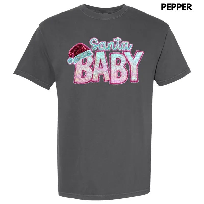 Santa Baby Pink Sequin Patch Comfort Colors - Adult & Kids T-Shirts, Sweatshirts & Hoodies apparel design preview 1