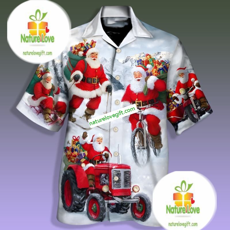 Santa Claus Bring Gift With Bike Grey Hawaiian Dress - Adult & Kids T-Shirts, Sweatshirts & Hoodies apparel design preview 1