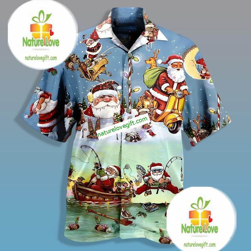 Santa Claus Go Fishing Blue Fancy Hawaiian - Adult & Kids T-Shirts, Sweatshirts & Hoodies apparel design preview 1