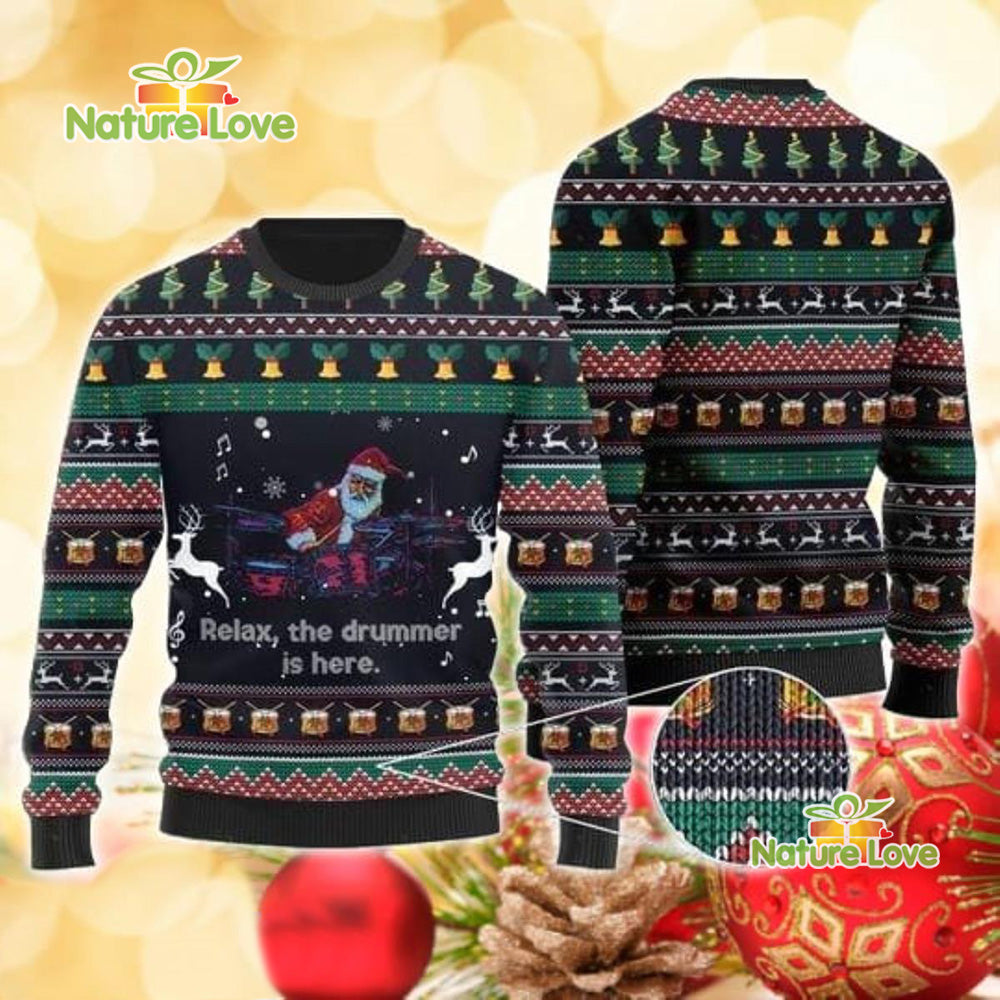 Santa Claus Plays Drum Funny Ugly Christmas Sweater - Holiday Gift product image