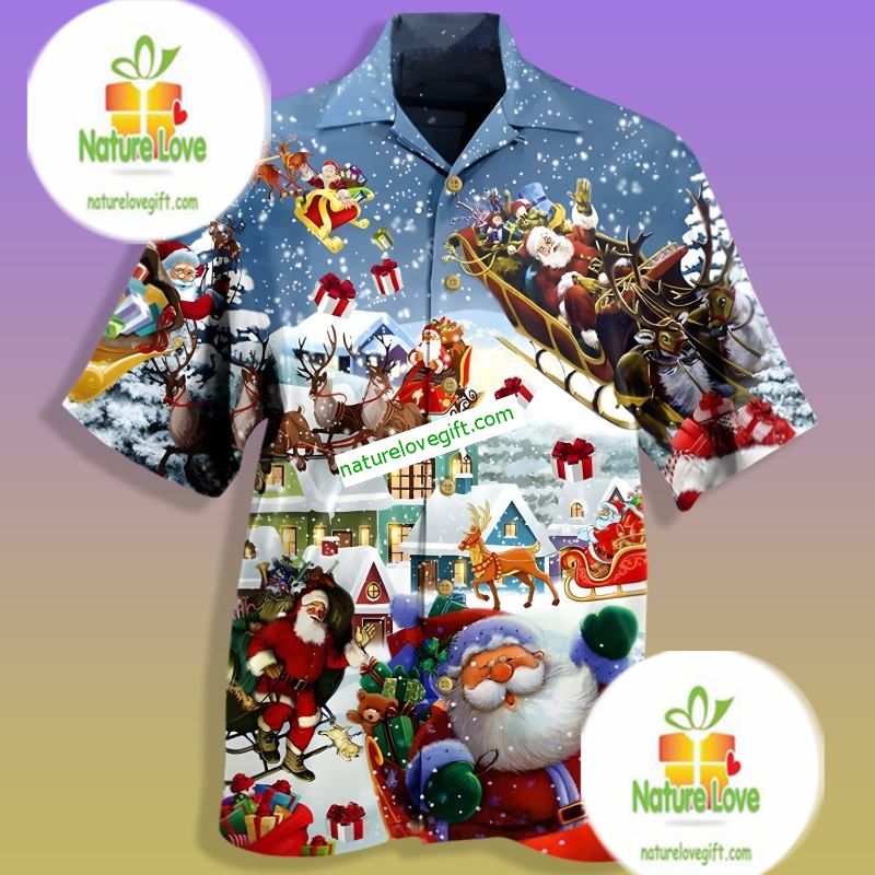 Santa Claus Sits On A Reindeer Sleigh Blue Hawaiian - Adult & Kids T-Shirts, Sweatshirts & Hoodies apparel design preview 1
